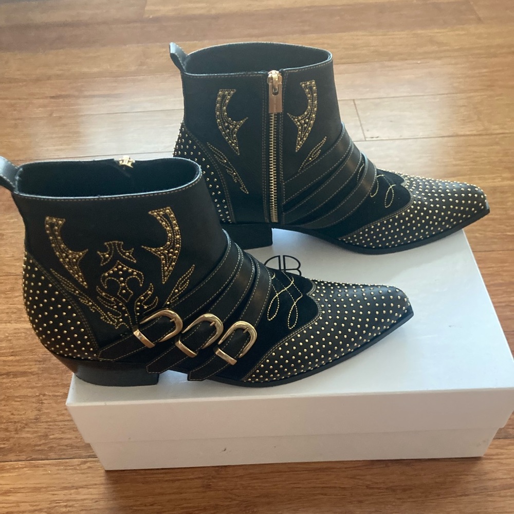Anine Bing Black Suede & Gold-Stud Western Ankle Boots